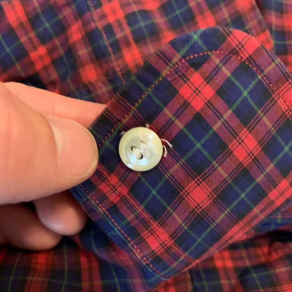 MERCER & SONS USA Pinpoint Tartan Red and Navy Oxford Check Shirt, 15.5 x 35 - Picture 9 of 10